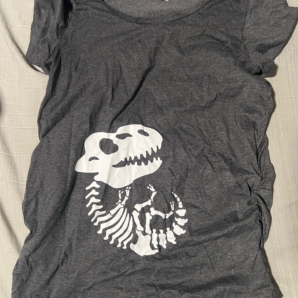 Gray Maternity T-Shirt with Dinosaur Skeleton Print